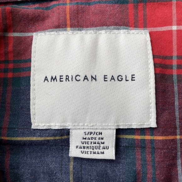 American Eagle Mens Shirt Long Sleeve Button Down Navy Red Plaid Pocket Small - Picture 3 of 8